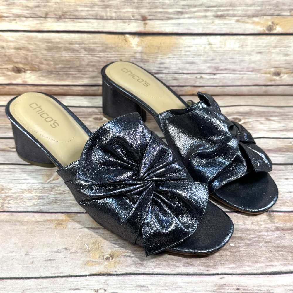 Chico's Womens Metallic Gray Block Heel Knotted Open Toe Slip On Sandals 10.5M